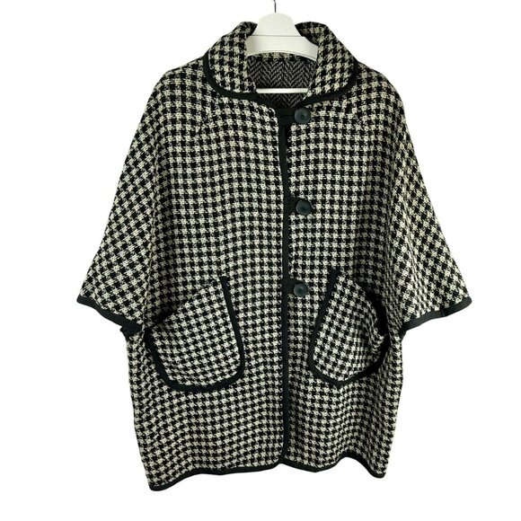 Reversible Poncho Coat Women One Size Black White Houndstooth Plaid Herringbone - Picture 1 of 8